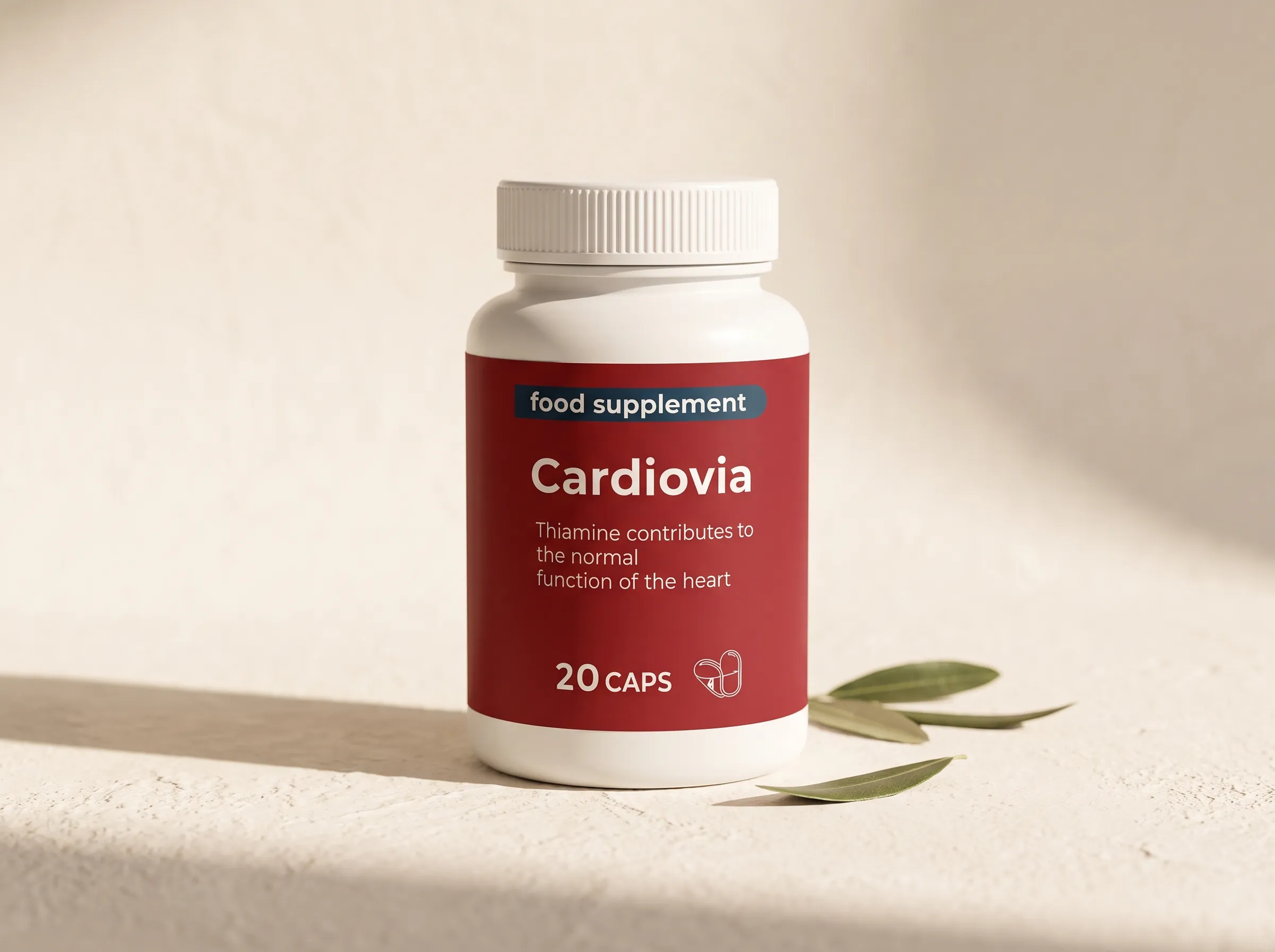 Flaconul Cardiovia, supliment alimentar cu 20 de capsule, pe o suprafață crem