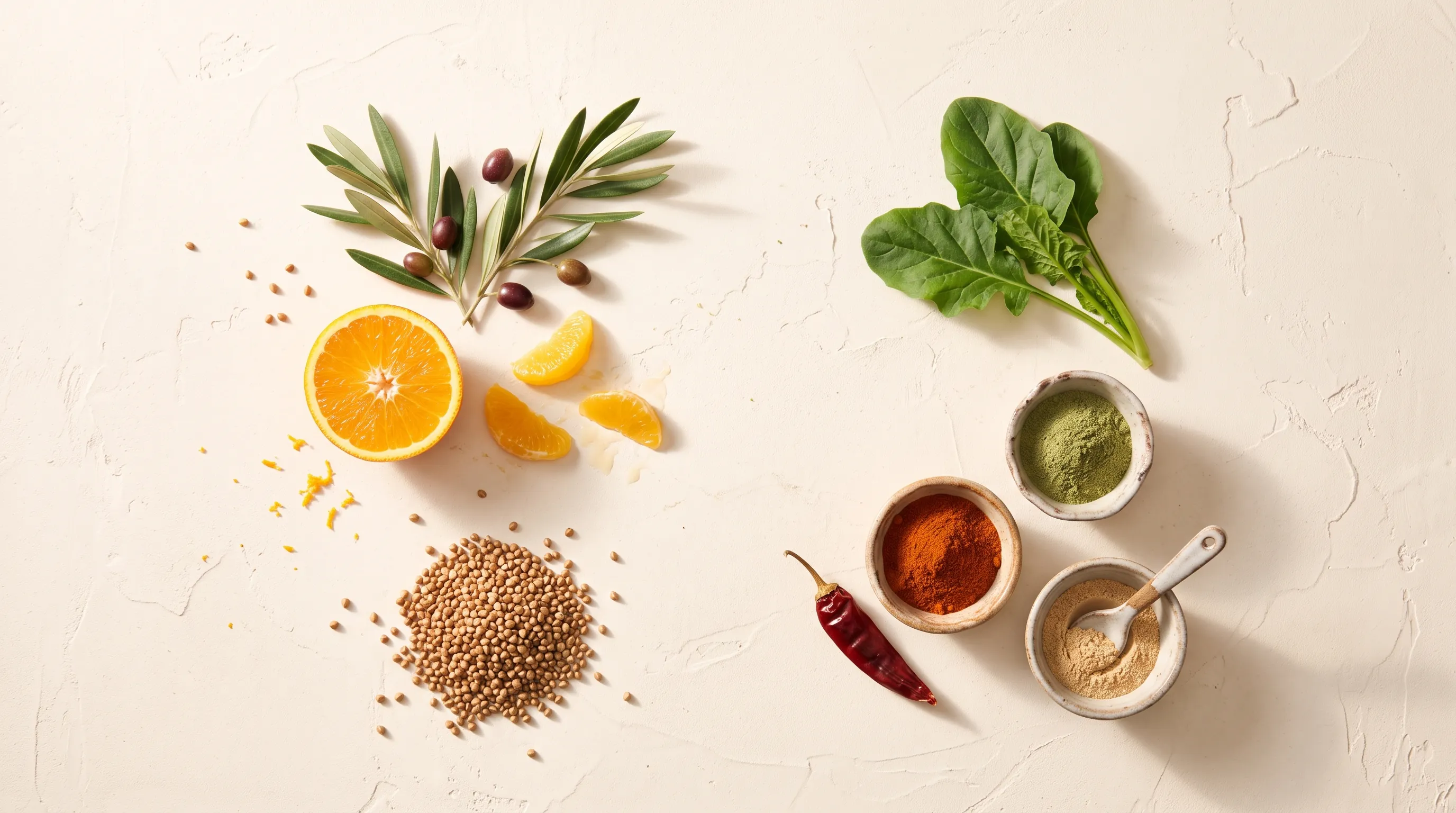 Ingrediente naturale: frunze de măslin, citrice, hrișcă și pudre în boluri